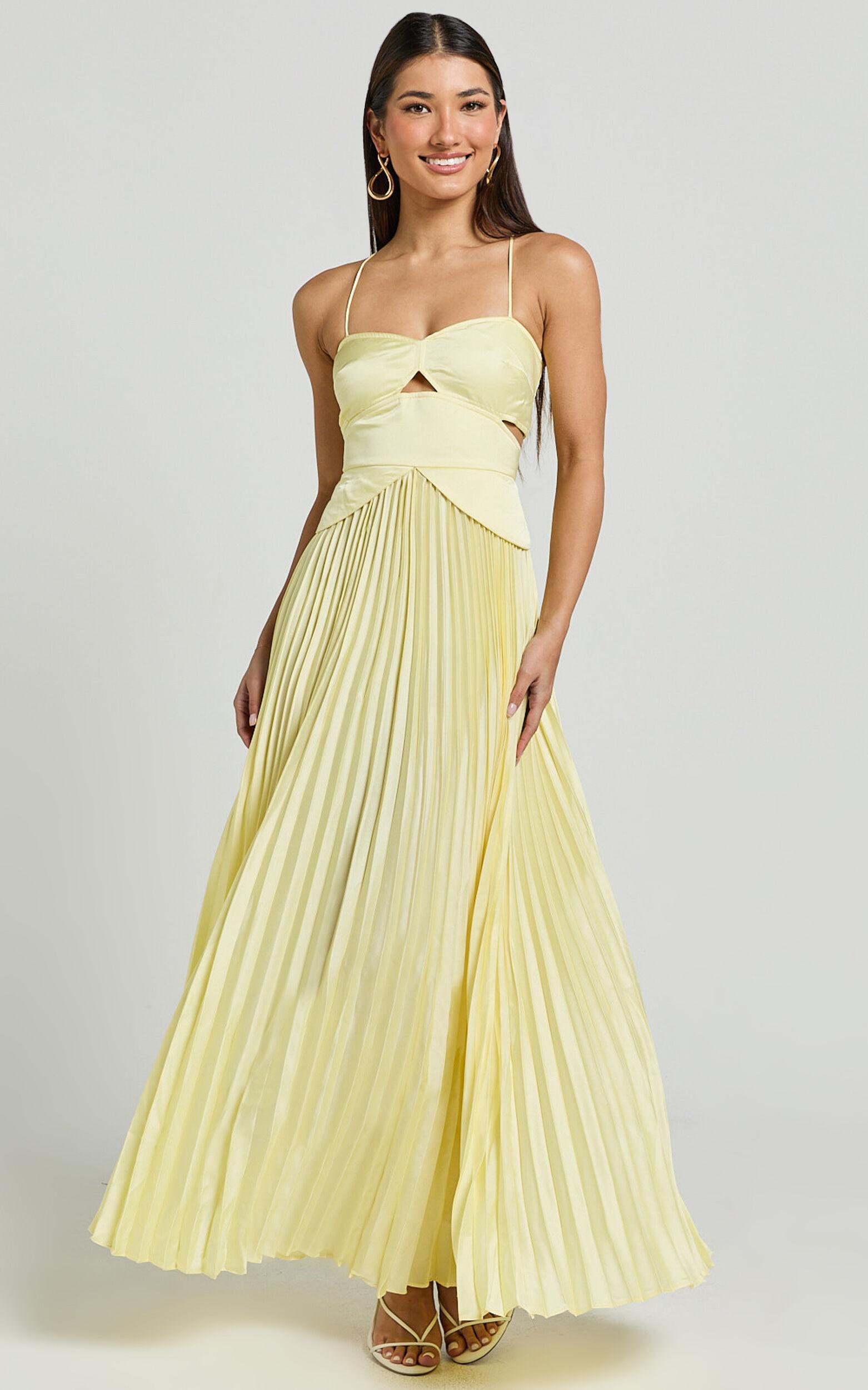 Shay Maxi Dress - Sweetheart Cut Out Pleated Dress in Lemon Product Image