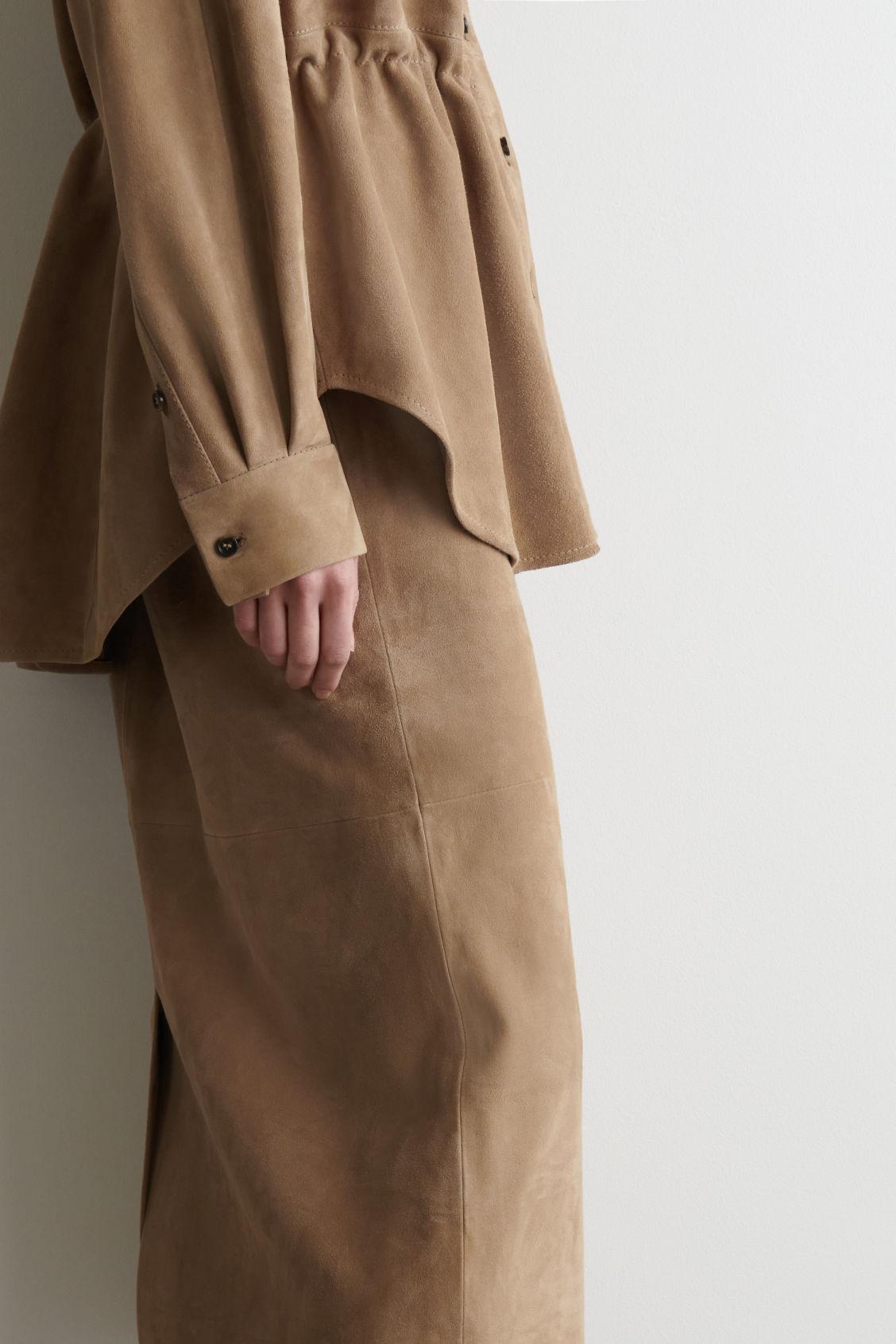 PANELED SUEDE DRAWSTRING MIDI SKIRT Product Image