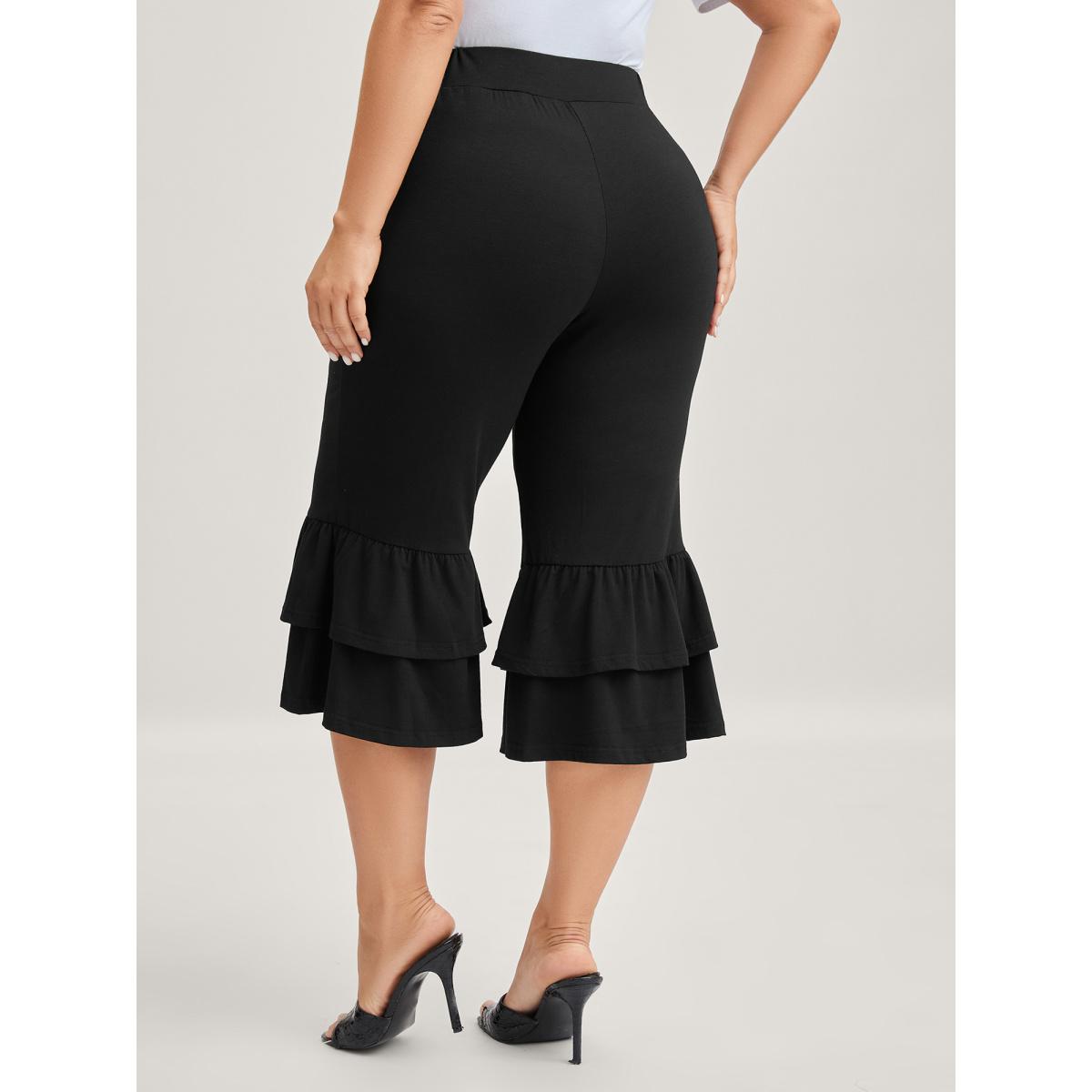Plus Size Layered Ruffled Flare Hem Pants Women Black Romantic Bodycon Mid Rise Elegant Pants BloomChic 28/5X Product Image