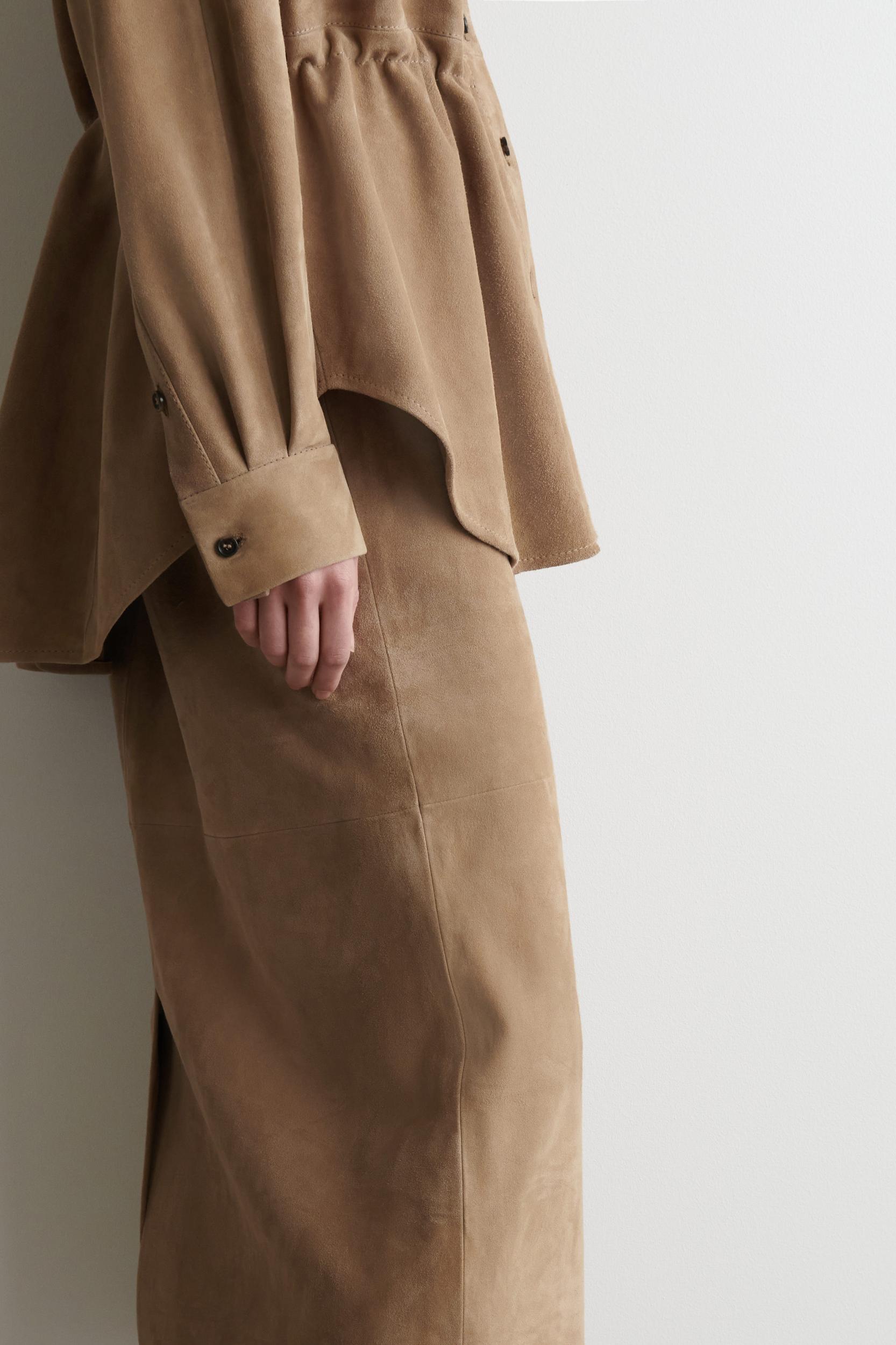 PANELED SUEDE DRAWSTRING MIDI SKIRT Product Image