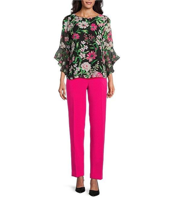 Kasper Crew Neck 3/4 Ruffle Sleeve Woven Floral Print Blouse Product Image