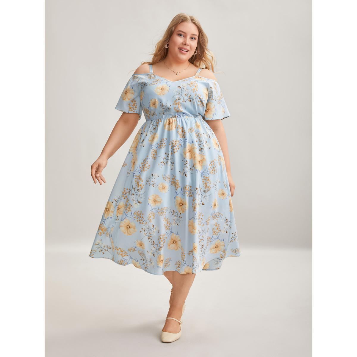 Plus Size Floral Print Cold-Shoulder Pockets Midi Dress LightBlue Women Elegant Non Heart neckline Short sleeve Curvy BloomChic 12/L Product Image
