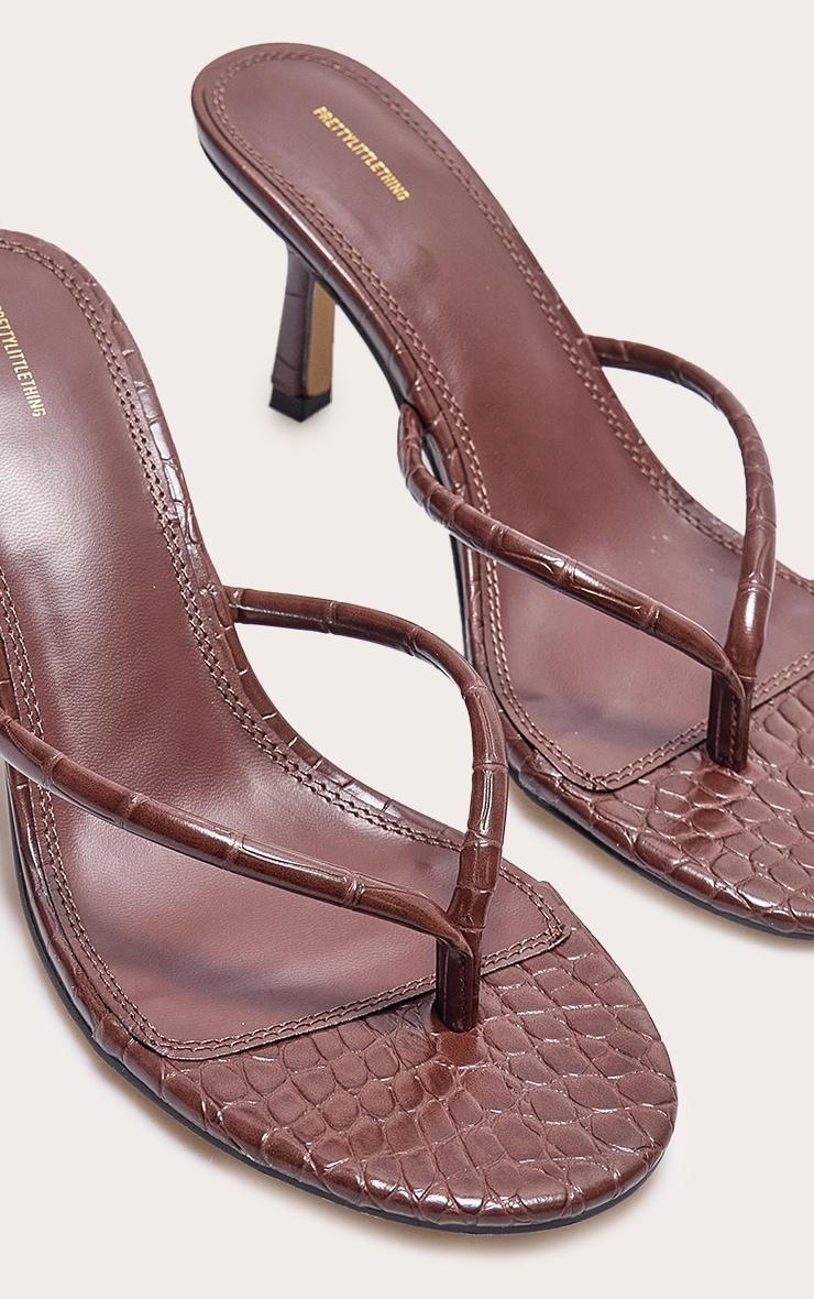 Brown Croc Pu Round Toe Thong Mid Heeled Mules Product Image