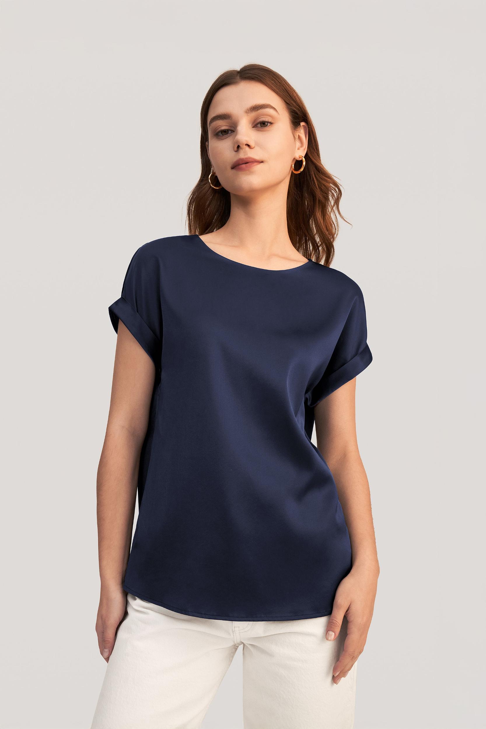 LILYSILK Women Silk Tee Shirts Black Quality Stretchy Silk Soft Classic Round Neck Rolled Cuffs Silk Top XS Product Image