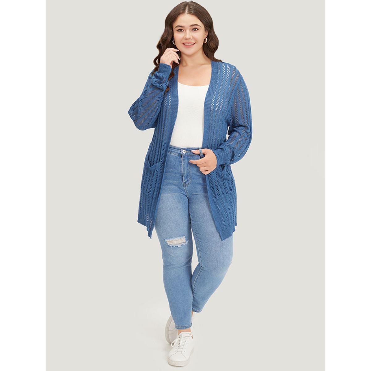 Plus Size Geometric Eyelet Patched Pocket Elastic Cuffs Cardigan Aegean Women Casual Loose Long Sleeve Everyday Cardigans BloomChic 22-24/3X Product Image