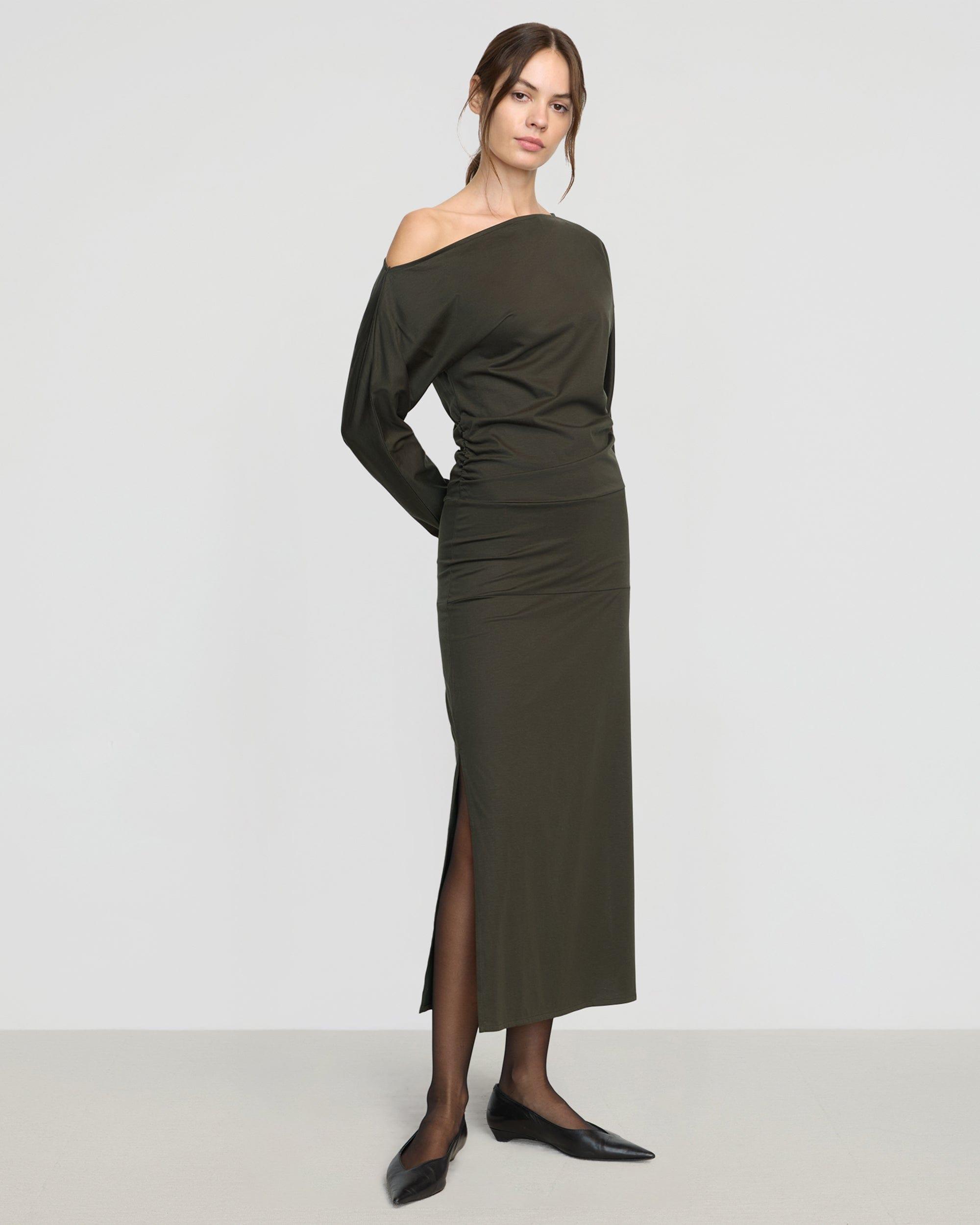 Kezia Off-Shoulder Satin Jersey Dress Product Image
