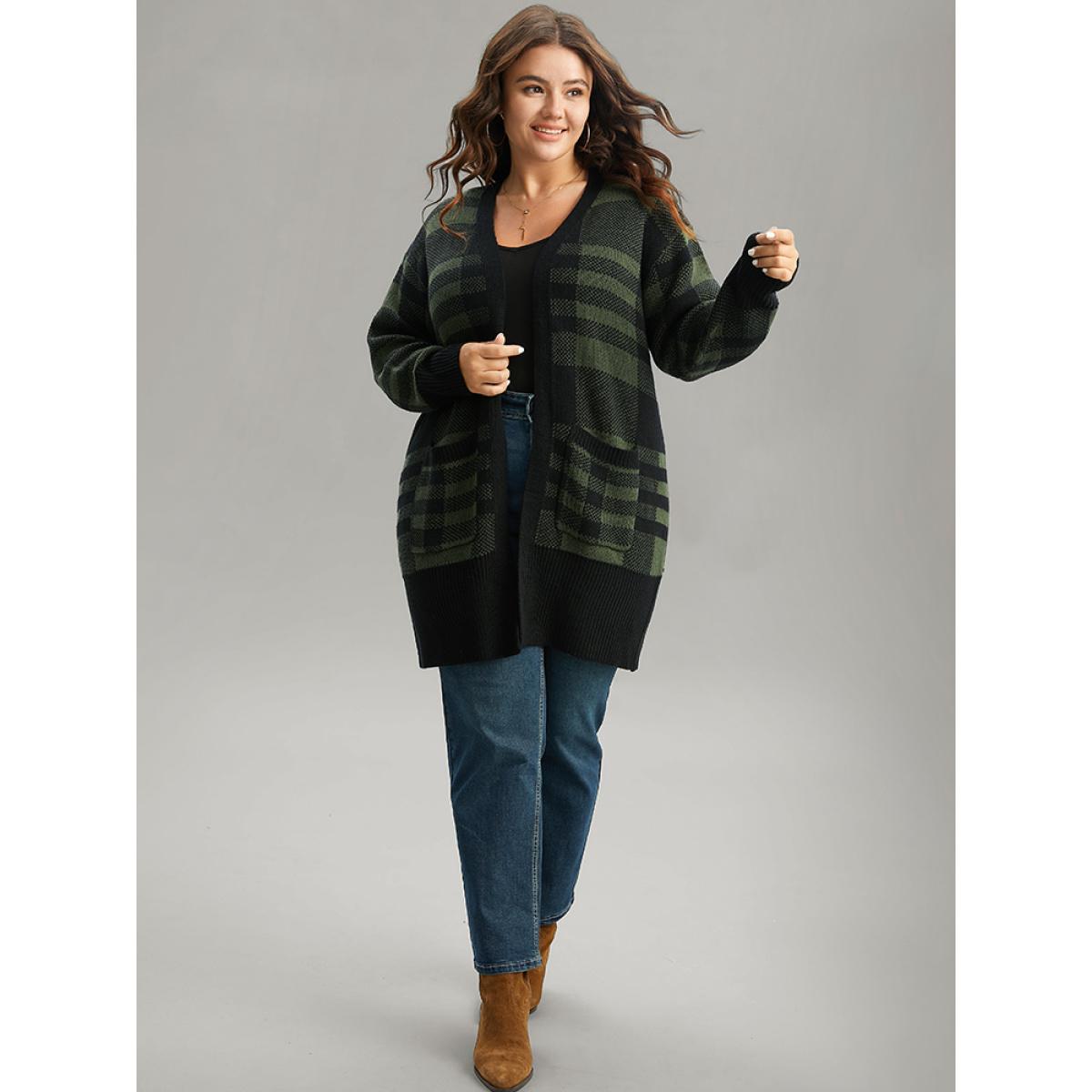 Plus Size Plaid Patchwork Split Side Open Front Cardigan DarkGreen Women Casual Loose Long Sleeve Festival-Christmas Cardigans BloomChic 30/6X Product Image