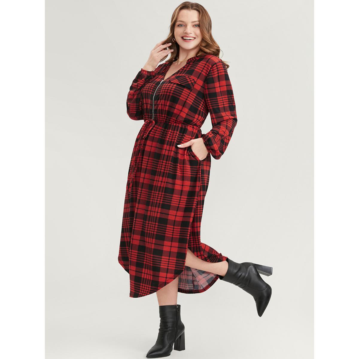 Plus Size Plaid Zip Up Lantern Sleeve Ties Arc Hem Dress Scarlet Women Casual Elastic Waist V-neck Long Sleeve Curvy Midi Dress BloomChic 10/M Product Image