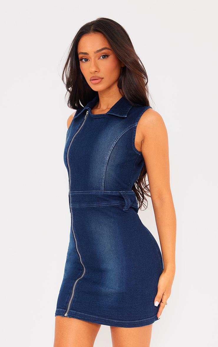 Petite Washed Indigo Zip Up Collar Detail Denim Dress Product Image