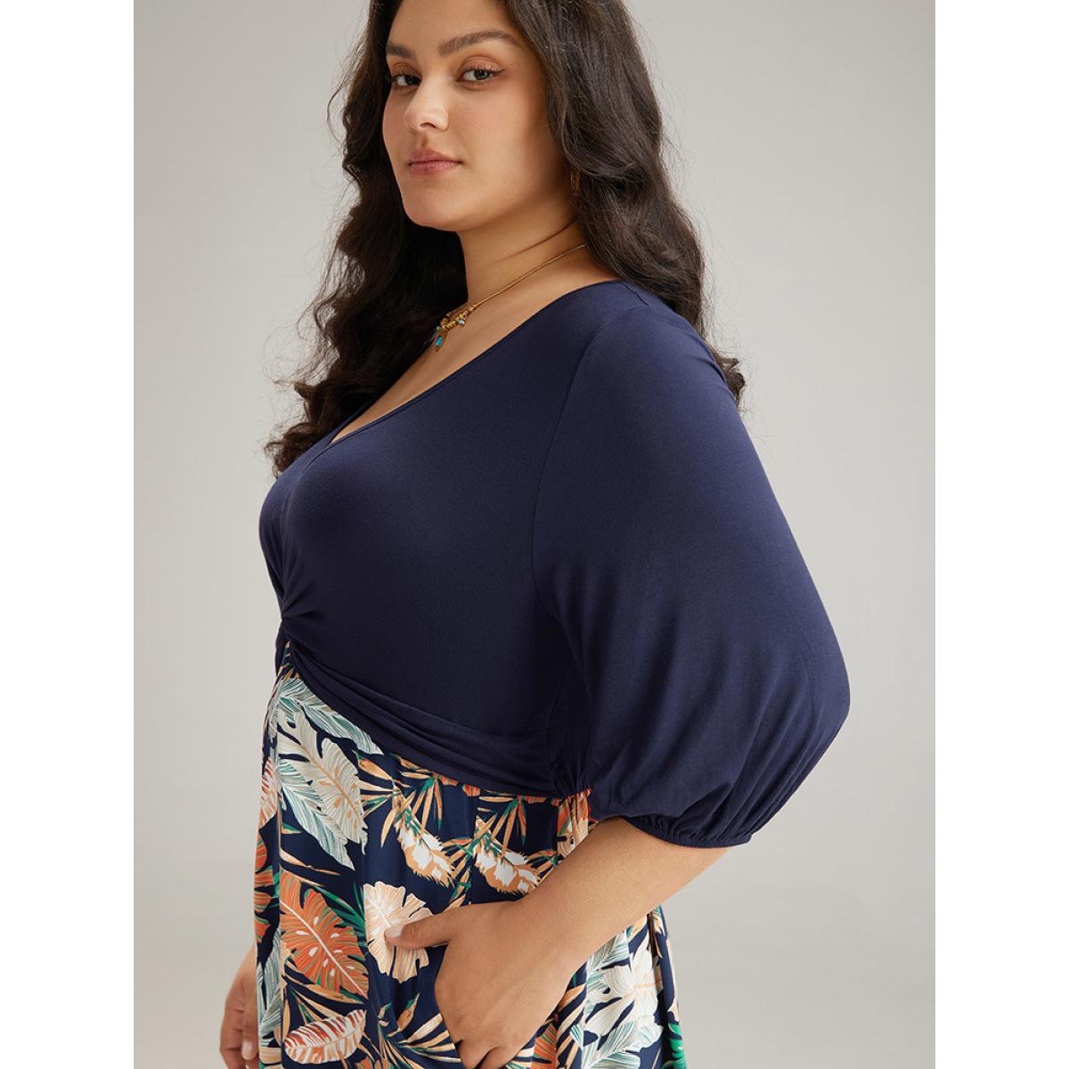 Plus Size Plants Print Patchwork Twist Front Pocket Dress DarkBlue Women Vacation Elastic cuffs V-neck Half Sleeve Curvy Midi Dress BloomChic 14-16/1X Product Image