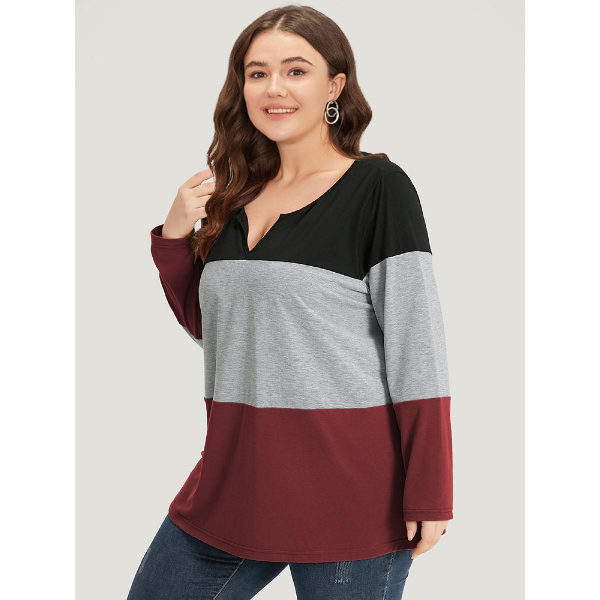 Plus Size Colorblock Contrast Notched Long Sleeve T-shirt Red Women Casual Contrast Plain Notched collar Dailywear T-shirts BloomChic 26/4X Product Image