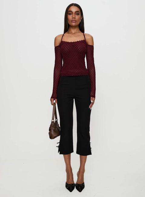 On My Side Off Shoulder Tie Neck Top Burgundy Product Image