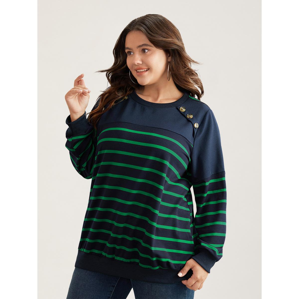 Plus Size Striped Patchwork Button Detail Sweatshirt Women Blue Casual Non Round Neck Everyday Sweatshirts BloomChic 18-20/2X Product Image
