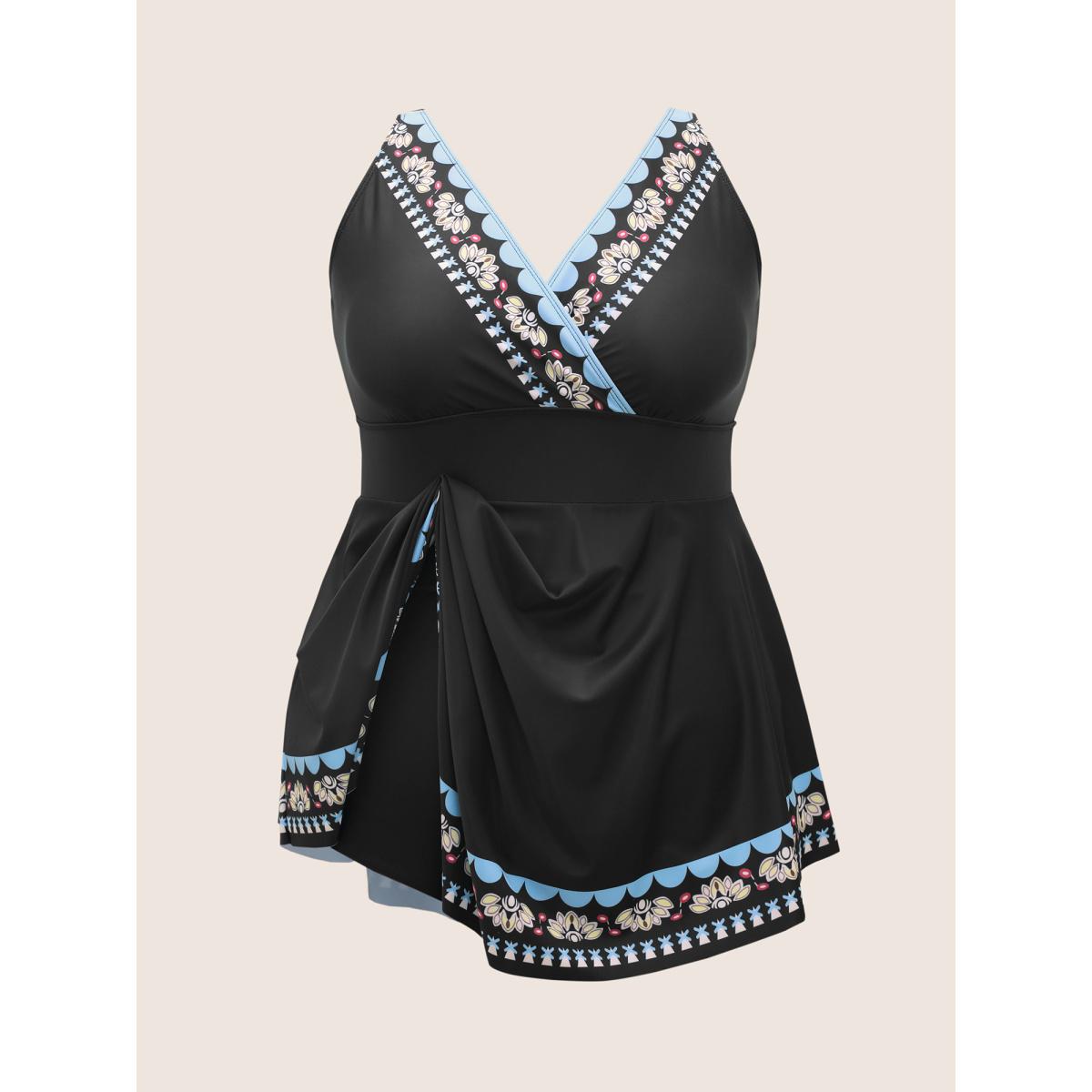 Plus Size Overlap Collar Boho Print Hanky Hem Swim Dress Women's Swimwear Black Beach Bodycon Overlap Collar High stretch Curve Swim Dresses BloomChic 26/4X Product Image
