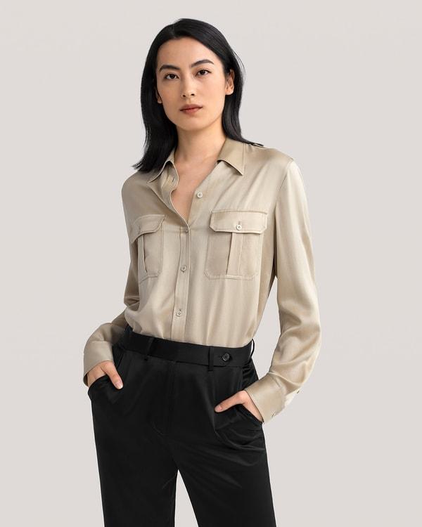 LILYSILK Women's 22MM Sandwashed Silk Safari Shirt With Epaulets Safari Green XXL Product Image