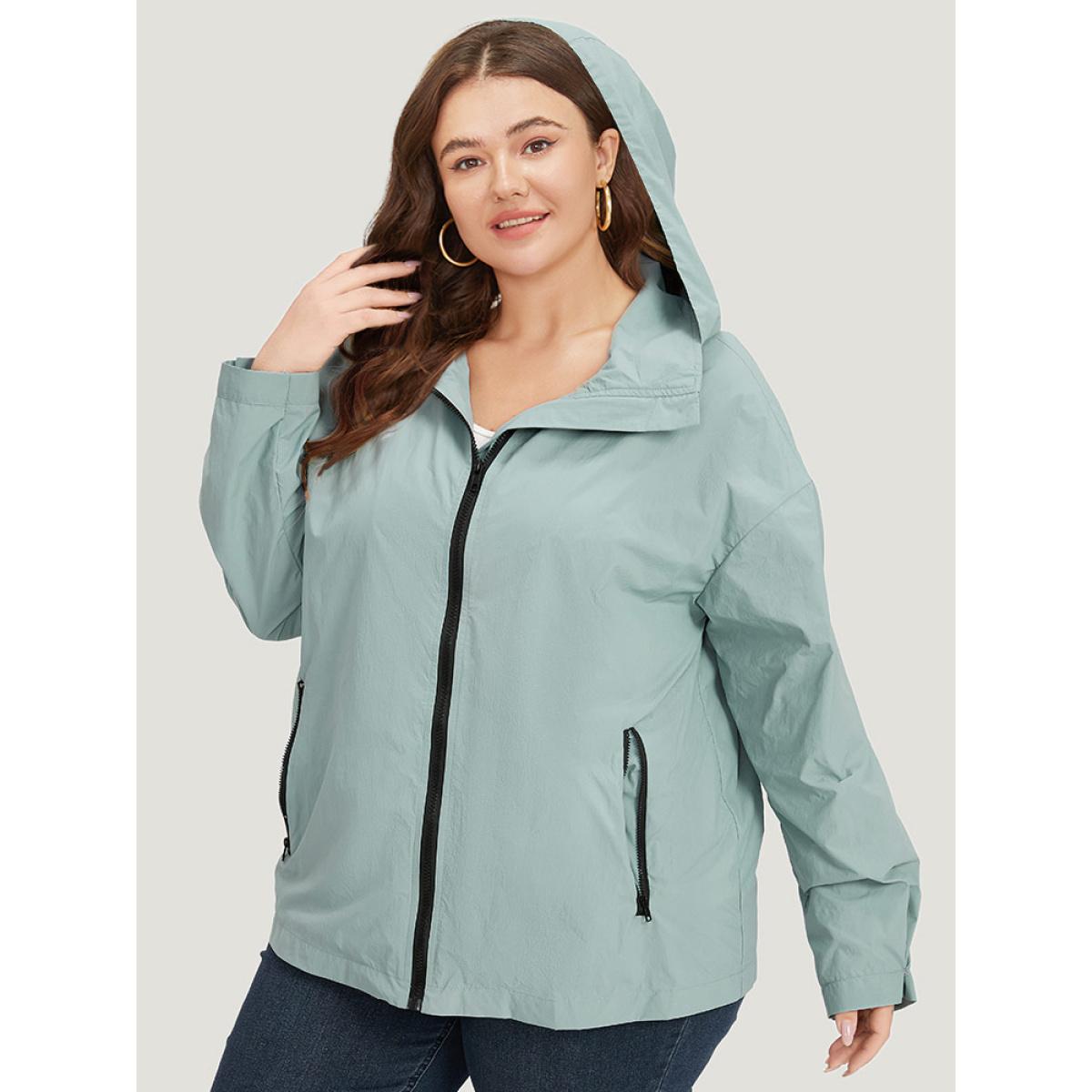 Plus Size Plain Hooded Pocket Zipper Fly Jacket Women SlateGray Plain Pocket Dailywear Jackets BloomChic 28/5X Product Image