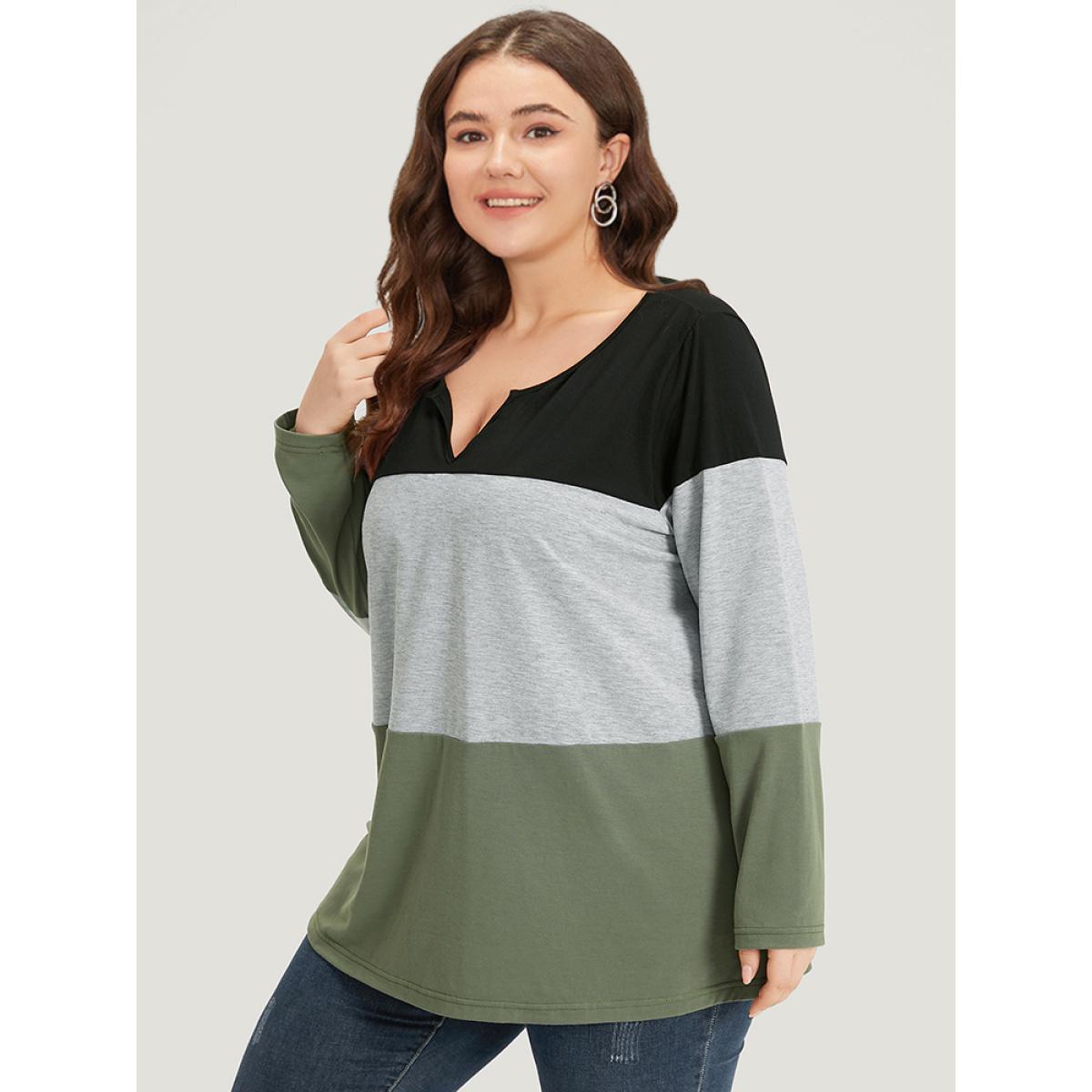 Plus Size Colorblock Contrast Notched Long Sleeve T-shirt Multicolor Women Casual Contrast Plain Notched collar Dailywear T-shirts BloomChic 10/M Product Image