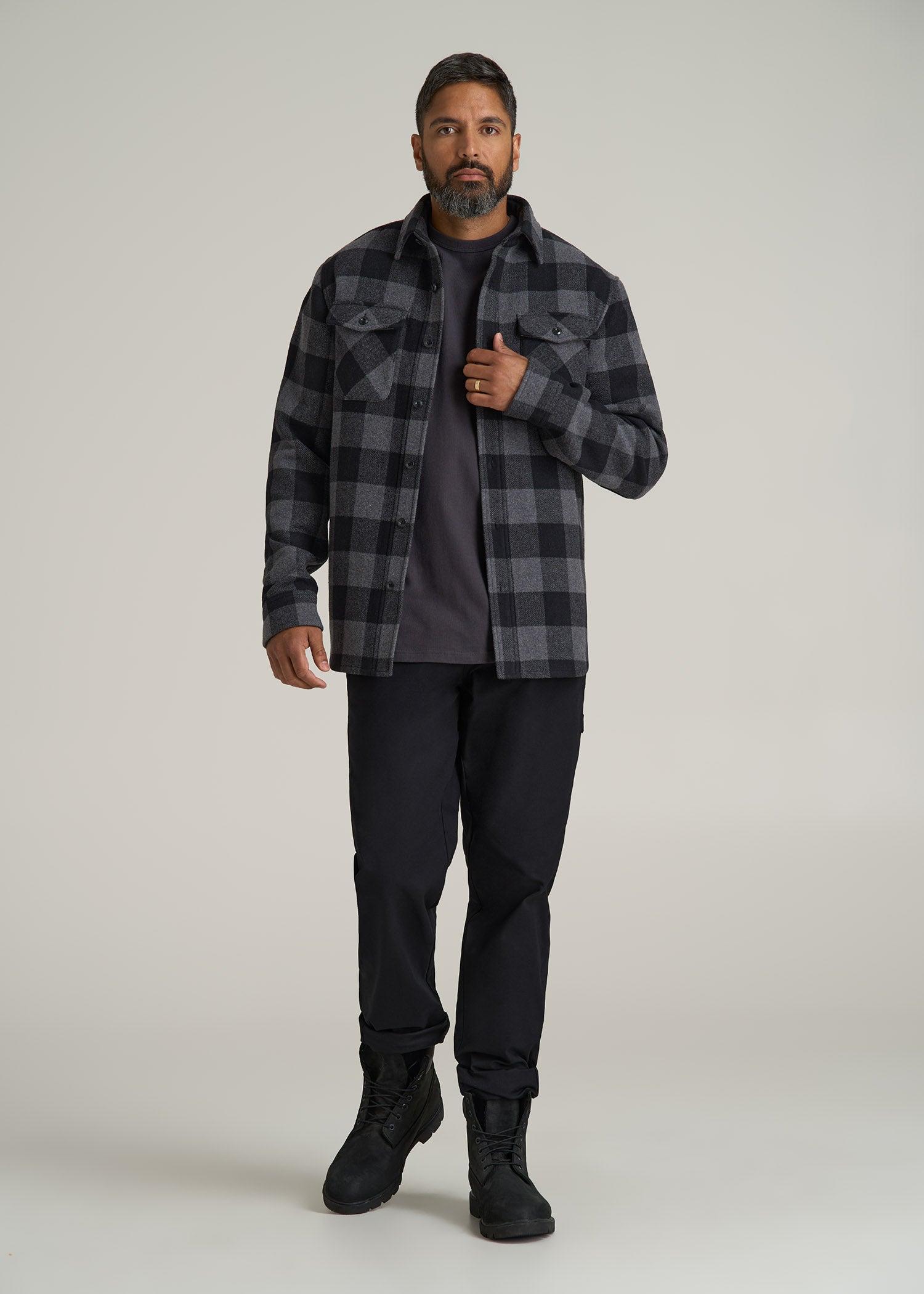 LJ&S Wool Blend Shirt Jacket for Tall Men in Black and Grey Check Male Product Image