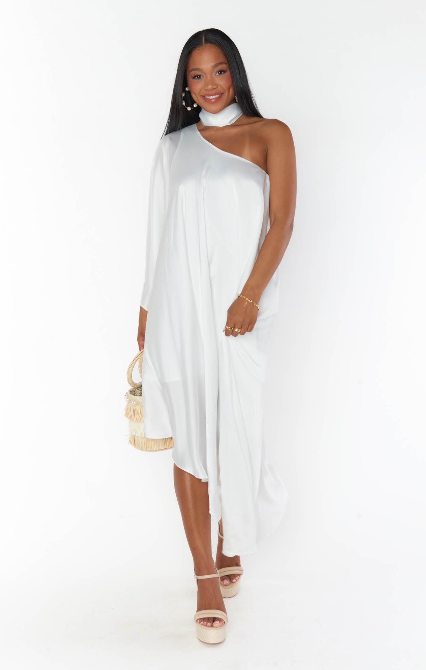 Rhea One Shoulder Dress ~ Ivory Luxe Satin Product Image
