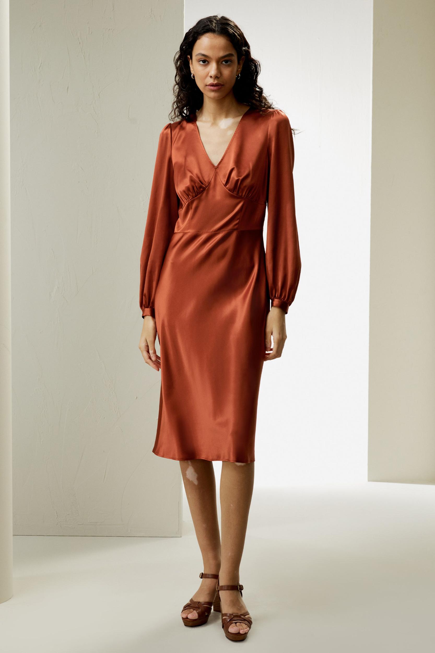 LILYSILK Long Sleeve Dress Silk for Women Red Clay Natural Silk Versatile Pleated Cups Dress 2 Product Image