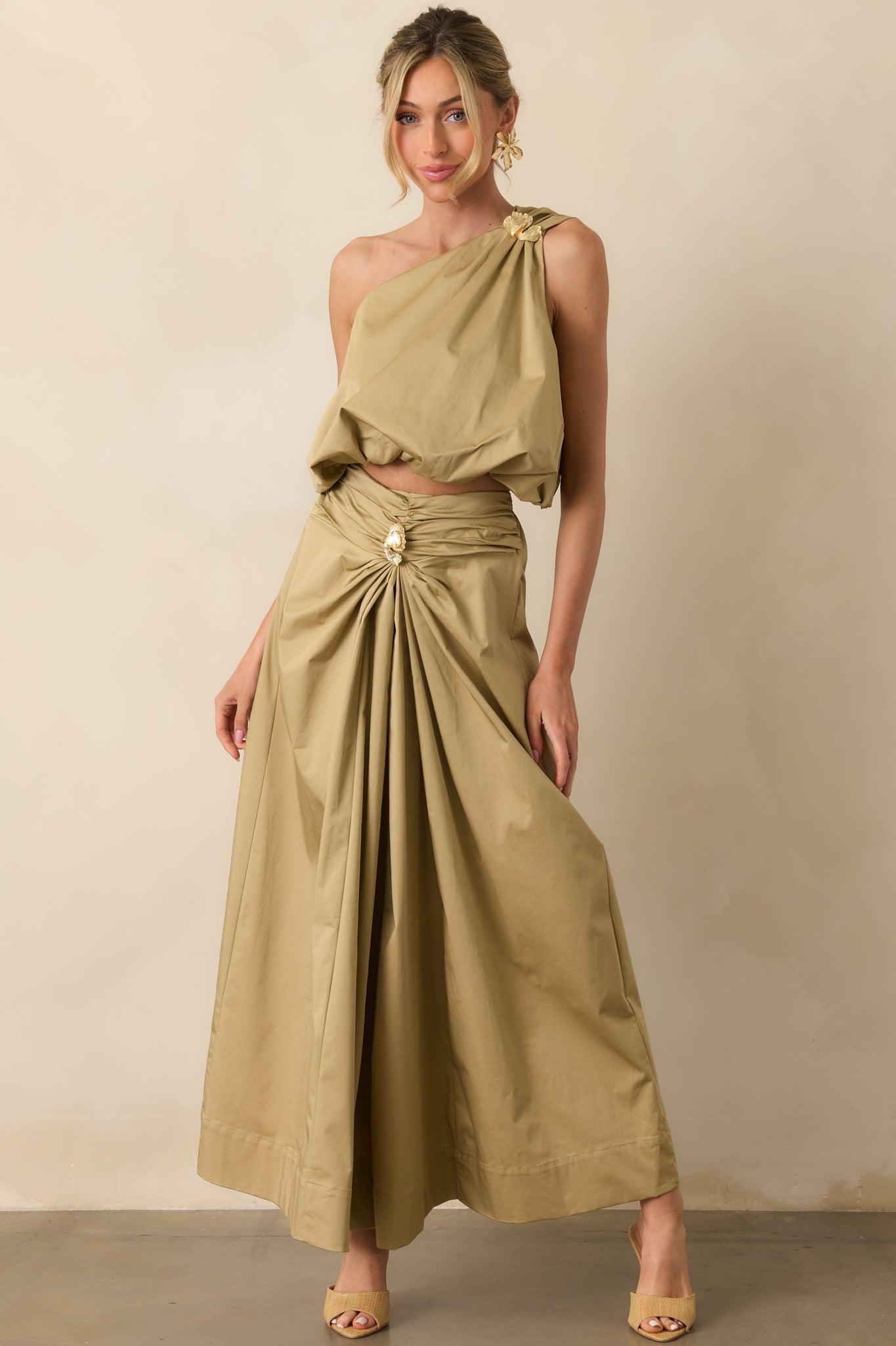 Get My Good Side Tan One Shoulder Bubble Hem Crop Top Product Image