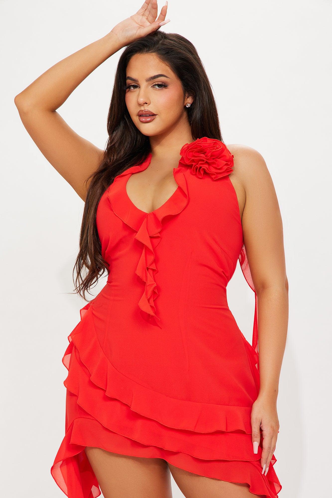 Ruffles and Roses Mini Dress - Red Product Image