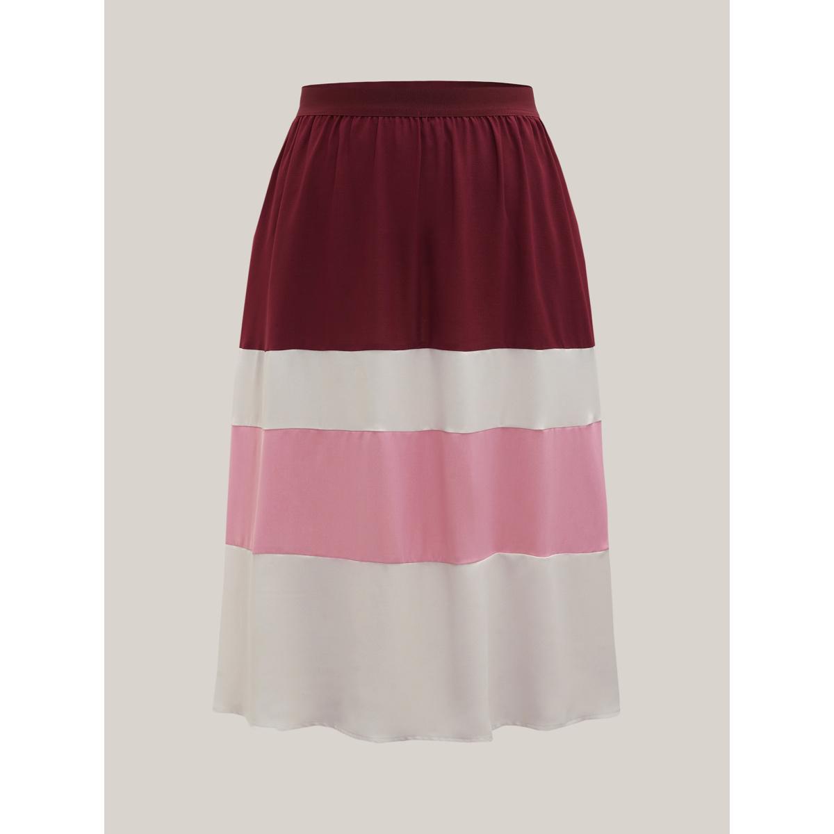 Plus Size Color Block Tiered Midi Skirt Women Scarlet Elegant Contrast Loose Low stretch Side seam pocket Everyday Skirts BloomChic 30/6X Product Image