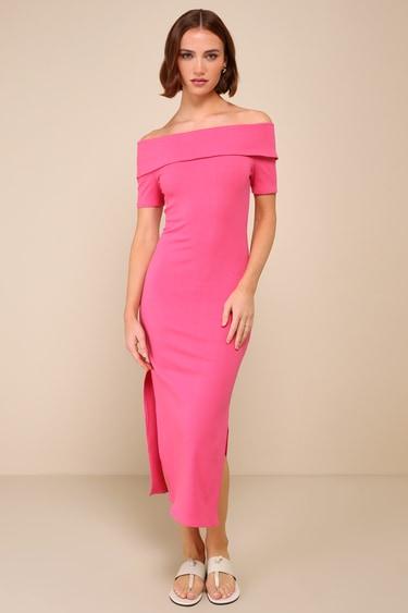 Remarkably Flirty Hot Pink Ribbed Off-the-Shoulder Midi Dress Product Image