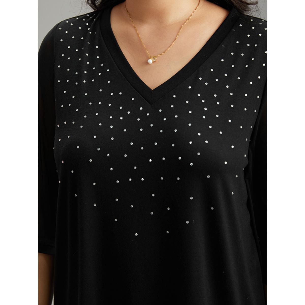 Plus Size Plain Patchwork Mesh Rhinestone Detailing T-shirt Black Women Elegant Rhinestone detailing Galaxy V-neck Dailywear T-shirts BloomChic 30/6X Product Image