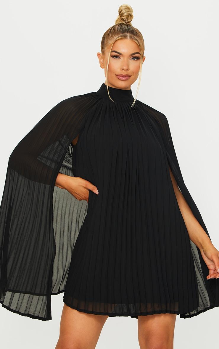 Black Pleated Cape High Neck Shift Dress Product Image