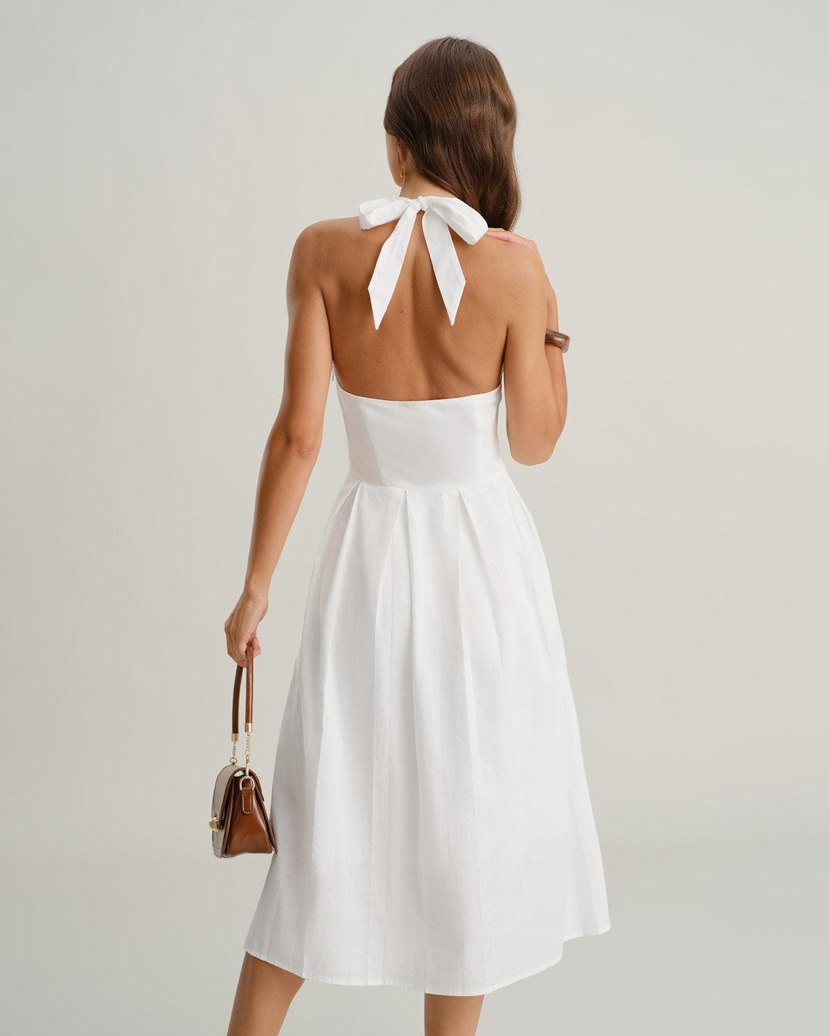 White V Neck Halter Sleeveless Midi Dress Product Image