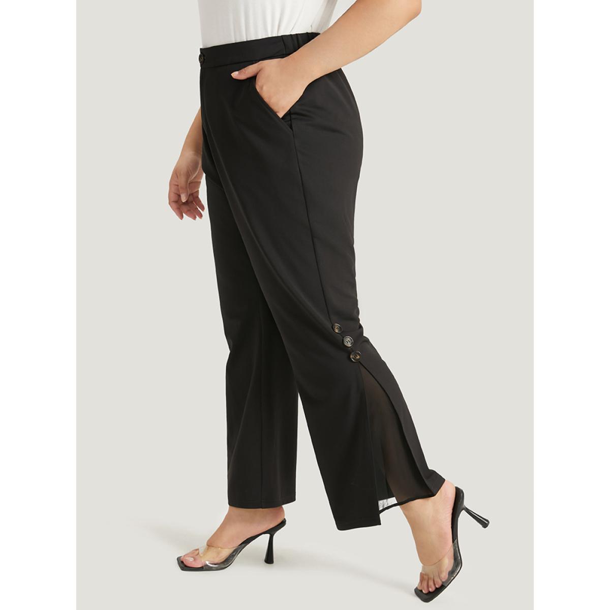 Plus Size Plain Button Detail Elastic Waist Mesh Patchwork Pants Women Black Elegant Bootcut High Rise Dailywear Pants BloomChic 12/L Product Image