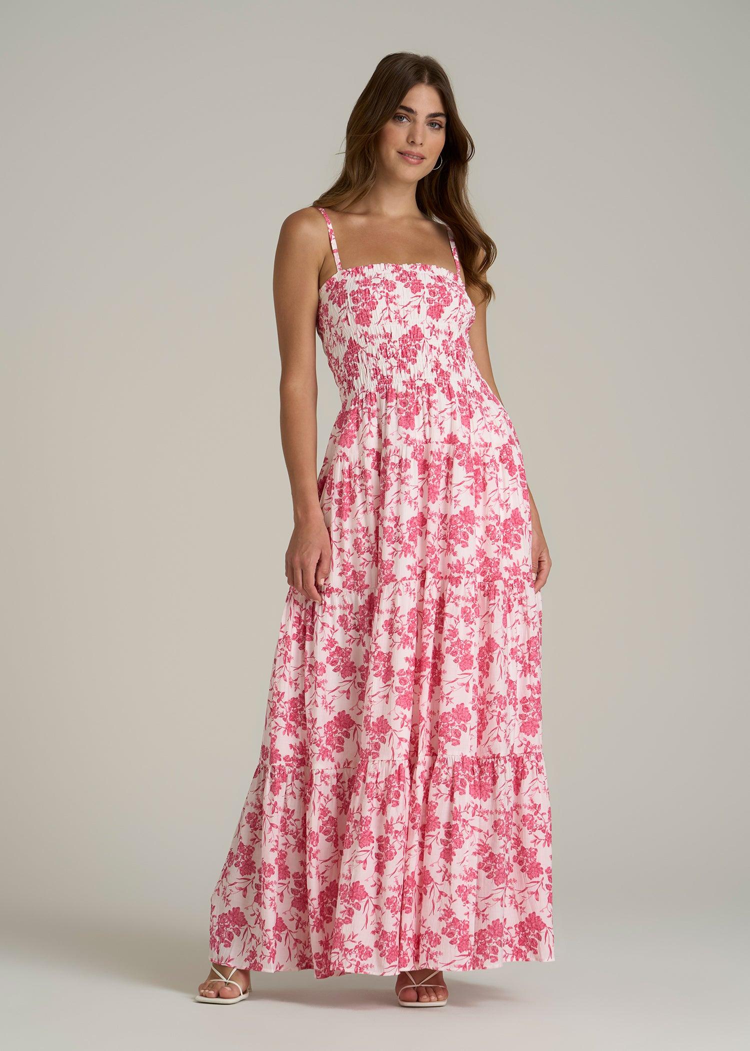 Strappy Tiered Maxi Dress for Tall Women in Pink Garden Floral Female Product Image