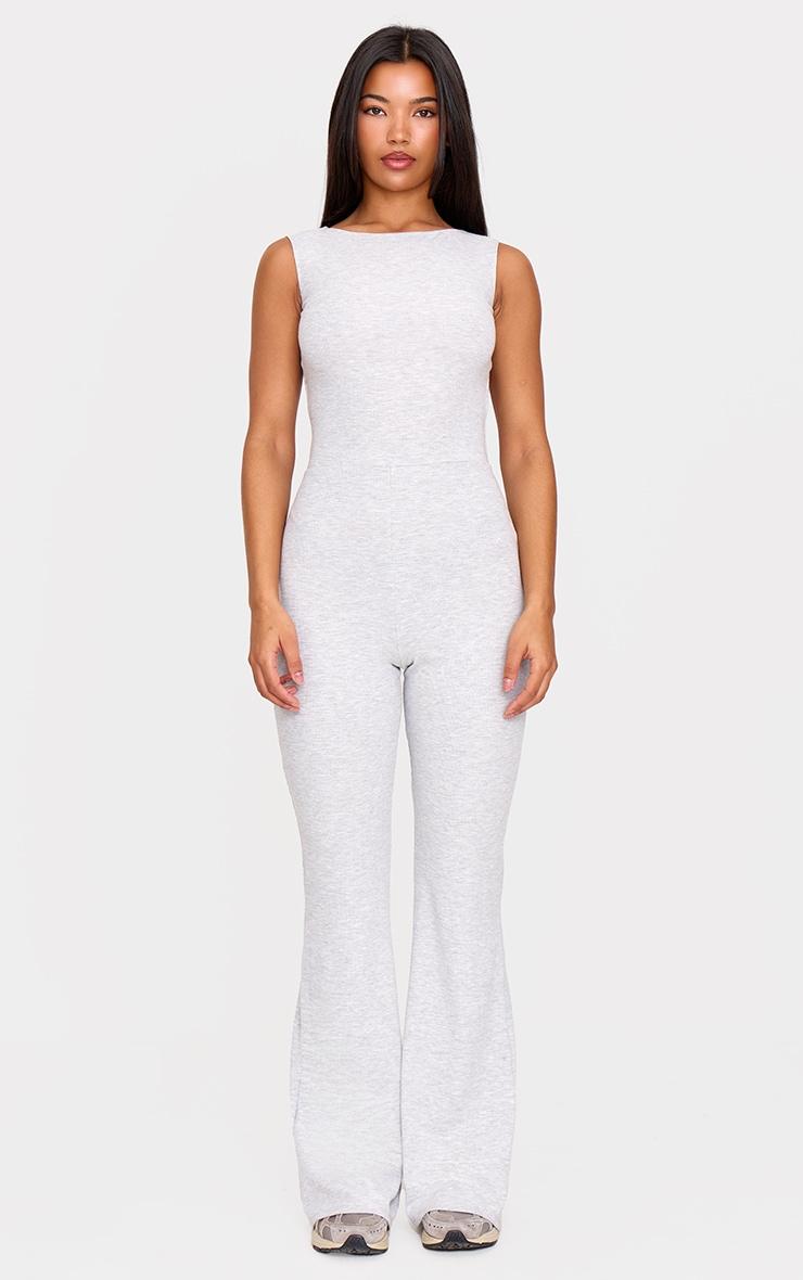 Grey Marl Rib Open Back Straight Leg Jumpsuit Product Image