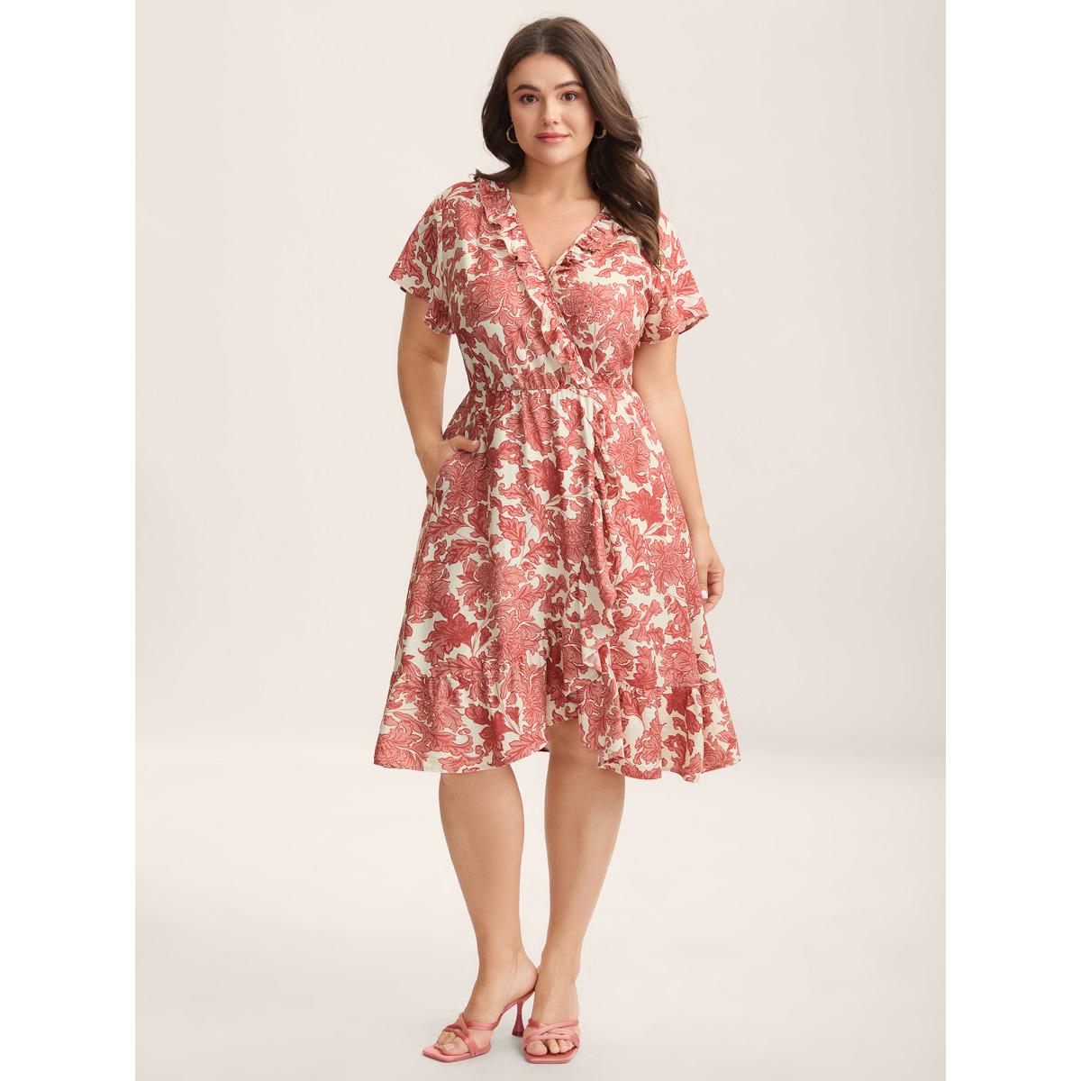 Plus Size Floral Print Wrap Ruffled Midi Dress Crimson Women Romantic Overlap Collar Short sleeve Curvy BloomChic 28/5X Product Image