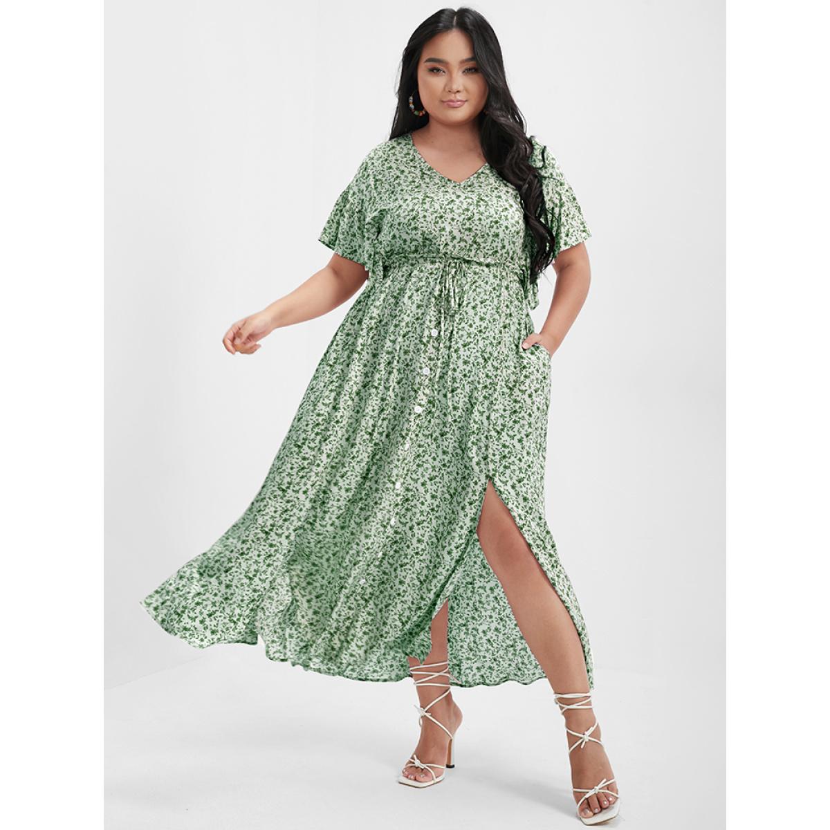 Plus Size Ditsy Floral Ruffles Pocket Button Split Maxi Dress LightGreen Women Elegant Printed V-neck Cap Sleeve Curvy Long Dress BloomChic 30/6X Product Image