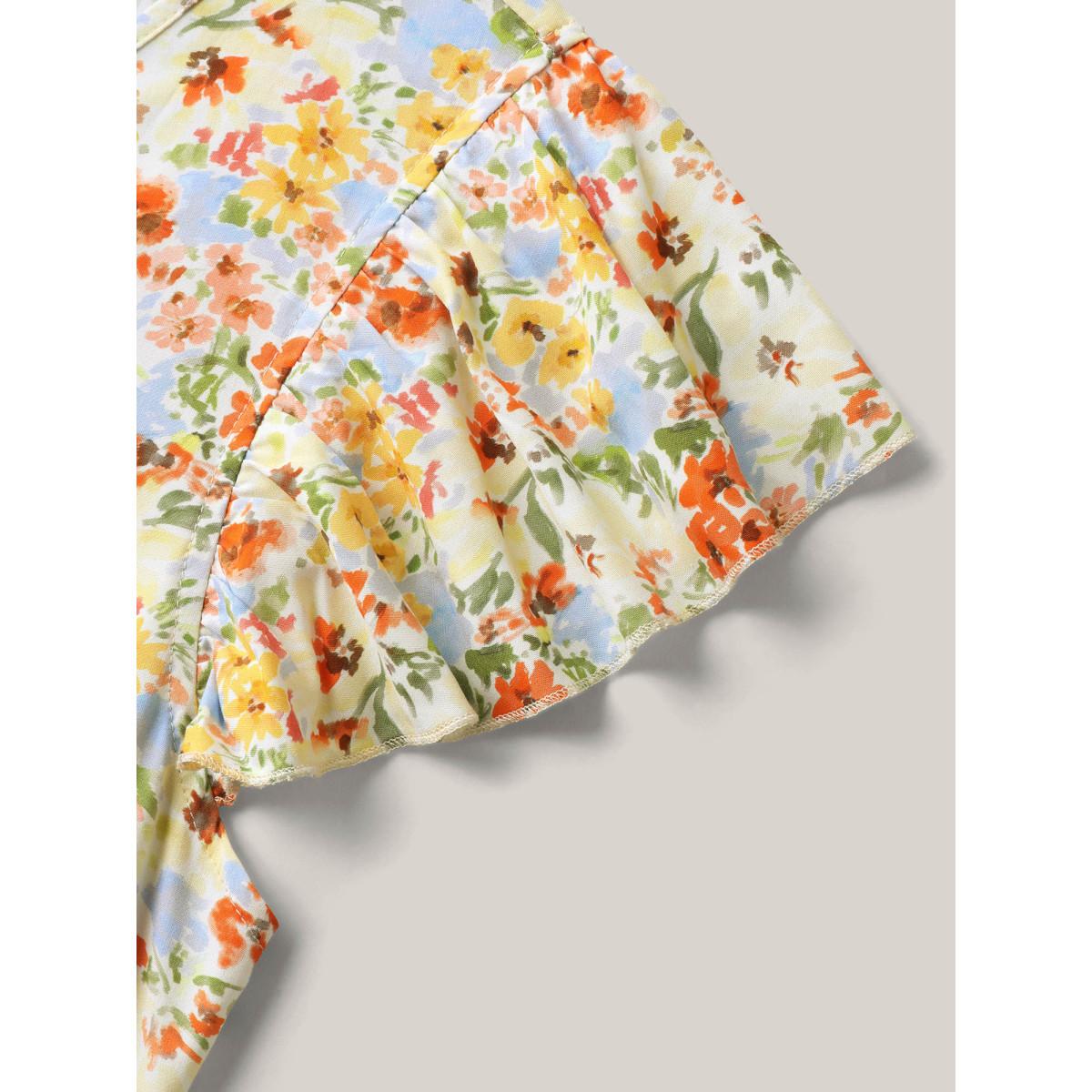 Plus Size Floral Print Ruched Pockets Midi Dress Lightyellow Women Tie knot V-neck Cap Sleeve Curvy BloomChic 14-16/1X Product Image