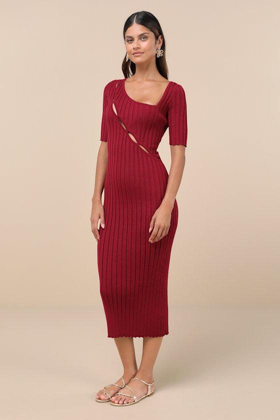 Flattering Aura Berry Pink Ribbed Asymmetrical Cutout Midi Dress Product Image