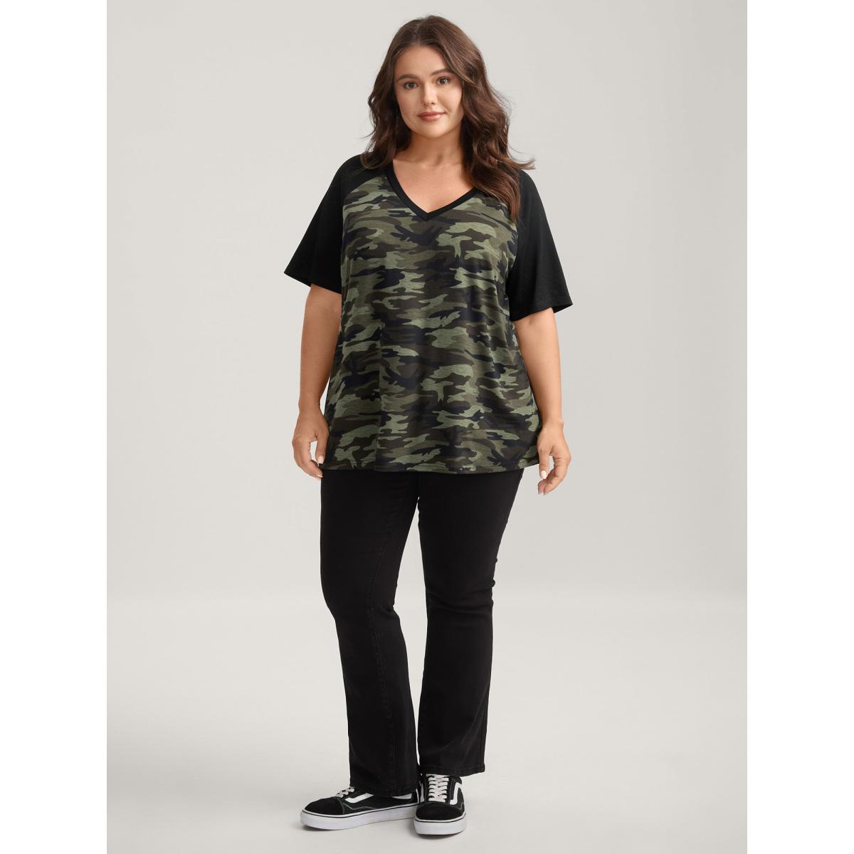 Plus Size Camouflage Print Raglan Sleeve T-Shirt ArmyGreen Women Contrast V-neck Everyday-Casual T-shirts BloomChic 10/M Product Image