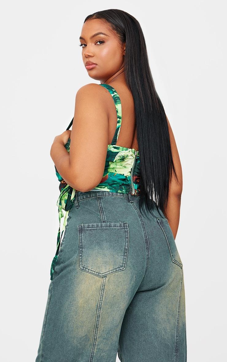 Plus Green Abstract Print Mesh Layered Corset Top Product Image