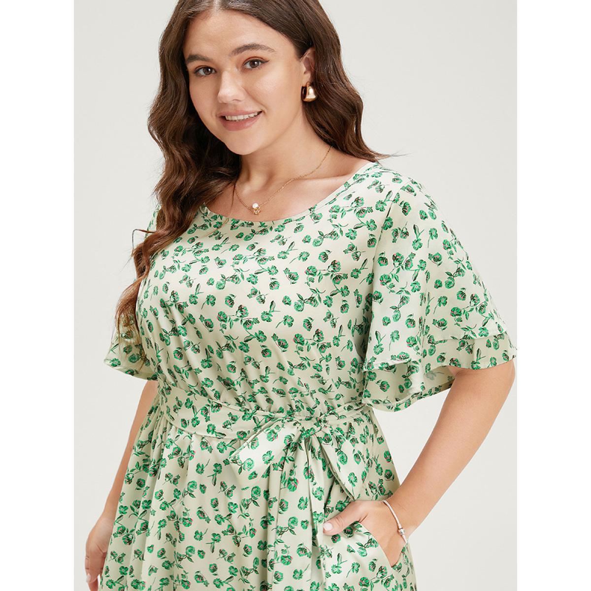 Plus Size Ditsy Floral Flutter Sleeve Pocket Split Hem Belt Dress YellowGreen Women Elegant Pocket V-neck Short sleeve Curvy Midi Dress BloomChic 30/6X Product Image