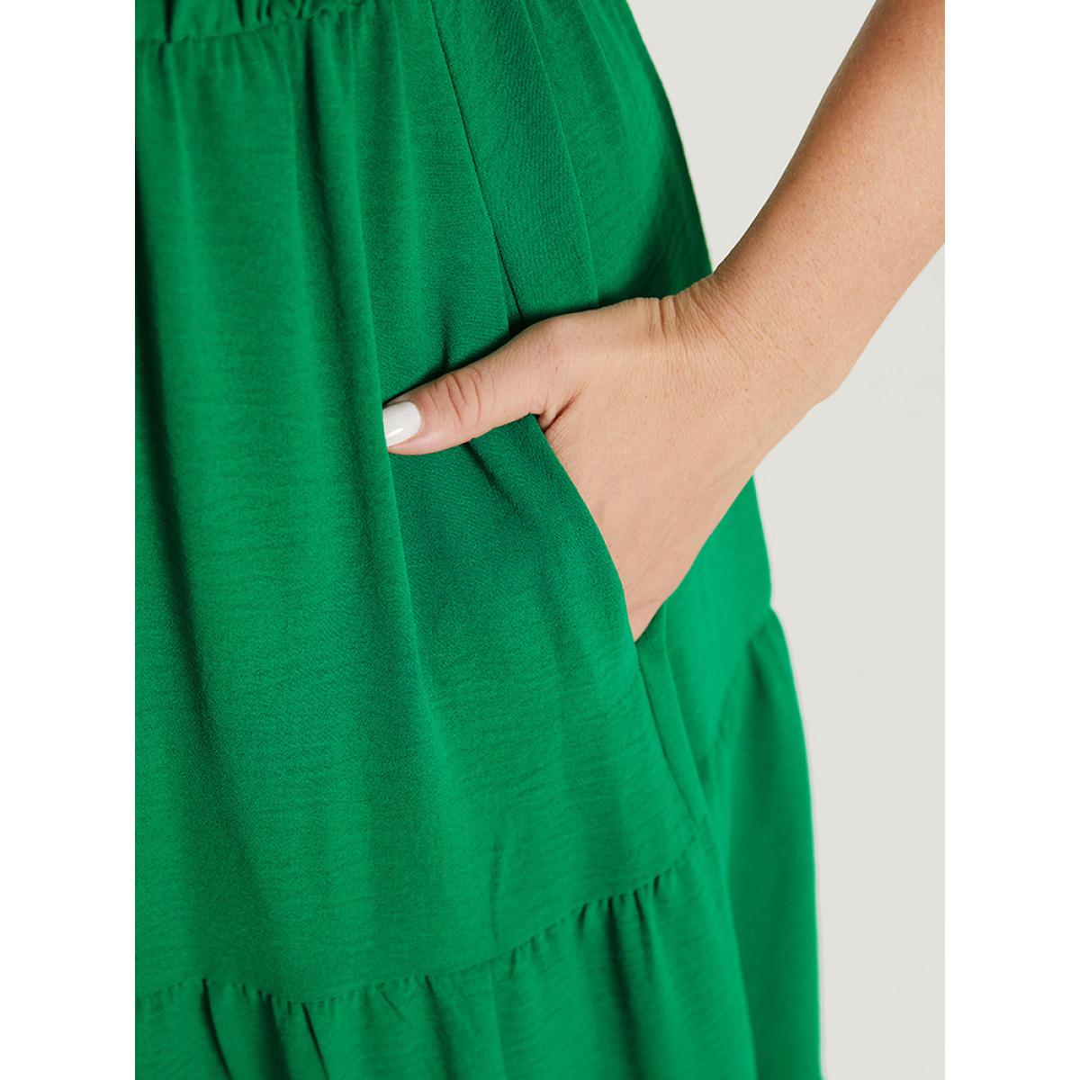 Plus Size Plain Ruffle Tiered Pocket Elastic Waist Cami Dress Green Women Elegant Gathered V-neck Sleeveless Curvy Midi Dress BloomChic 18-20/2X Product Image