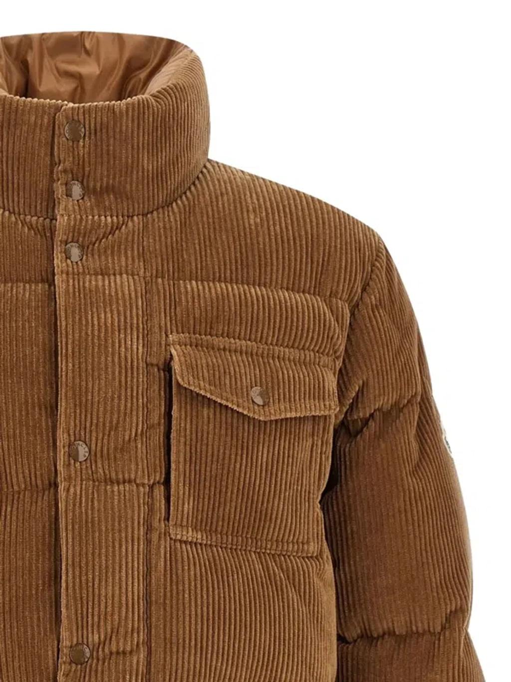 MONCLER Short Puffer Jacket Serrant In Ribbed Velvet In Brown Product Image