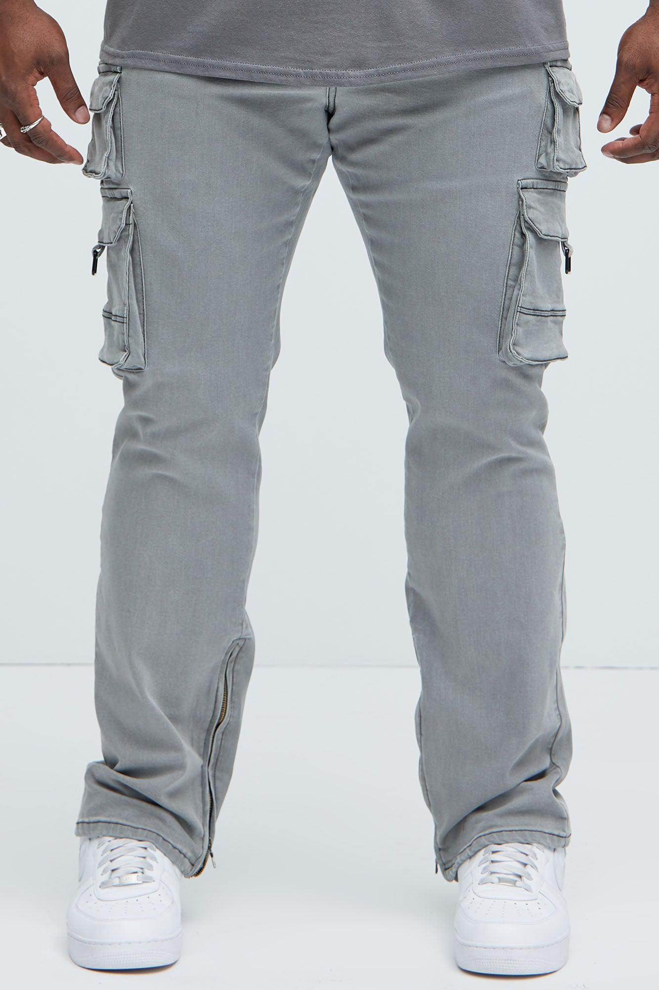 Get This Cargo Stacked Skinny Zipper Flare Jeans - Grey Product Image