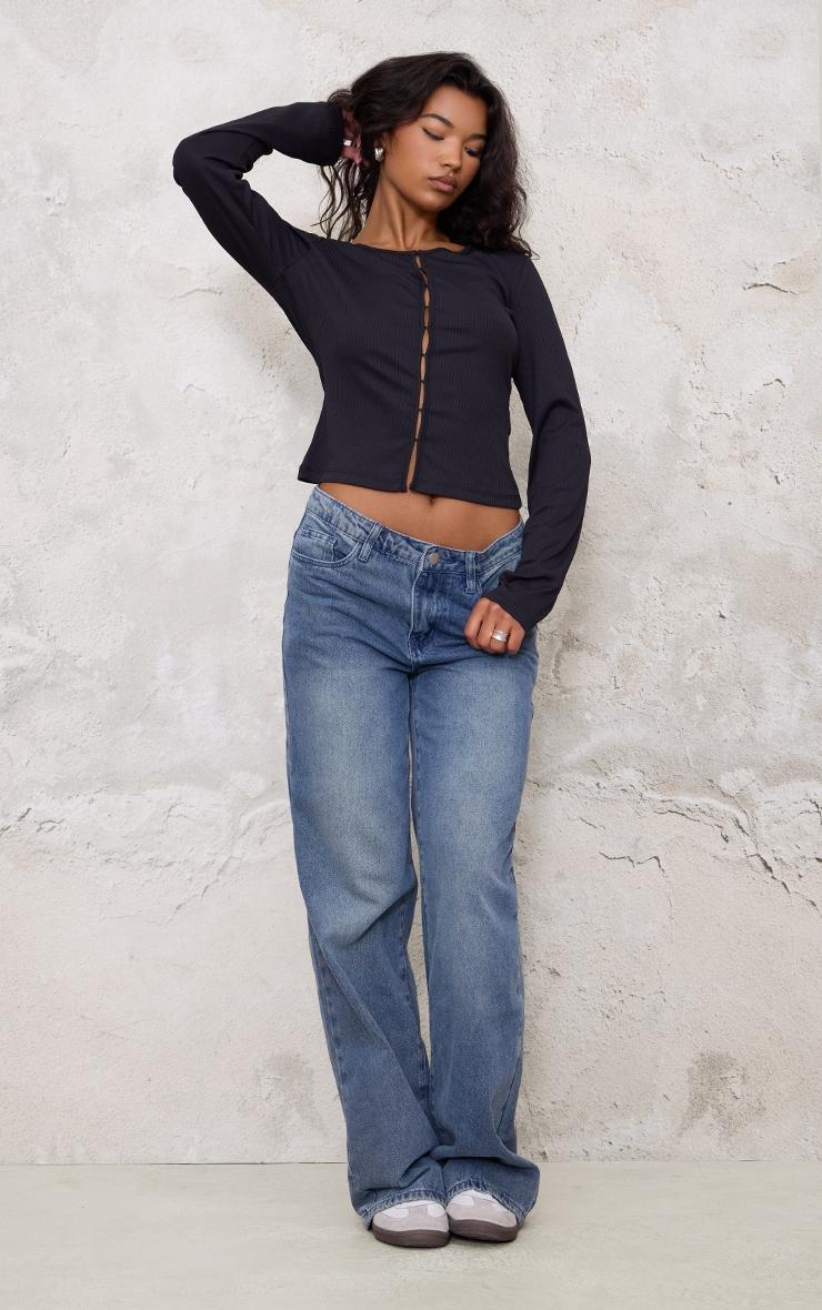 Black Ribbed Hook And Eye Long Sleeve Top Product Image