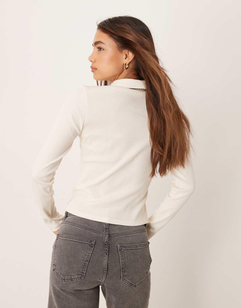 Miss Selfridge blanket stitch collar detail long sleeve top in cream Product Image