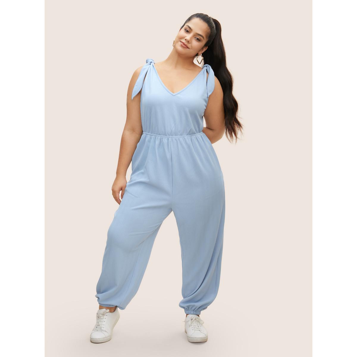 Plus Size LightBlue Solid Tie Knot Pit Strip Jumpsuit Women Casual Sleeveless V-neck Everyday Loose Jumpsuits BloomChic 14-16/1X Product Image