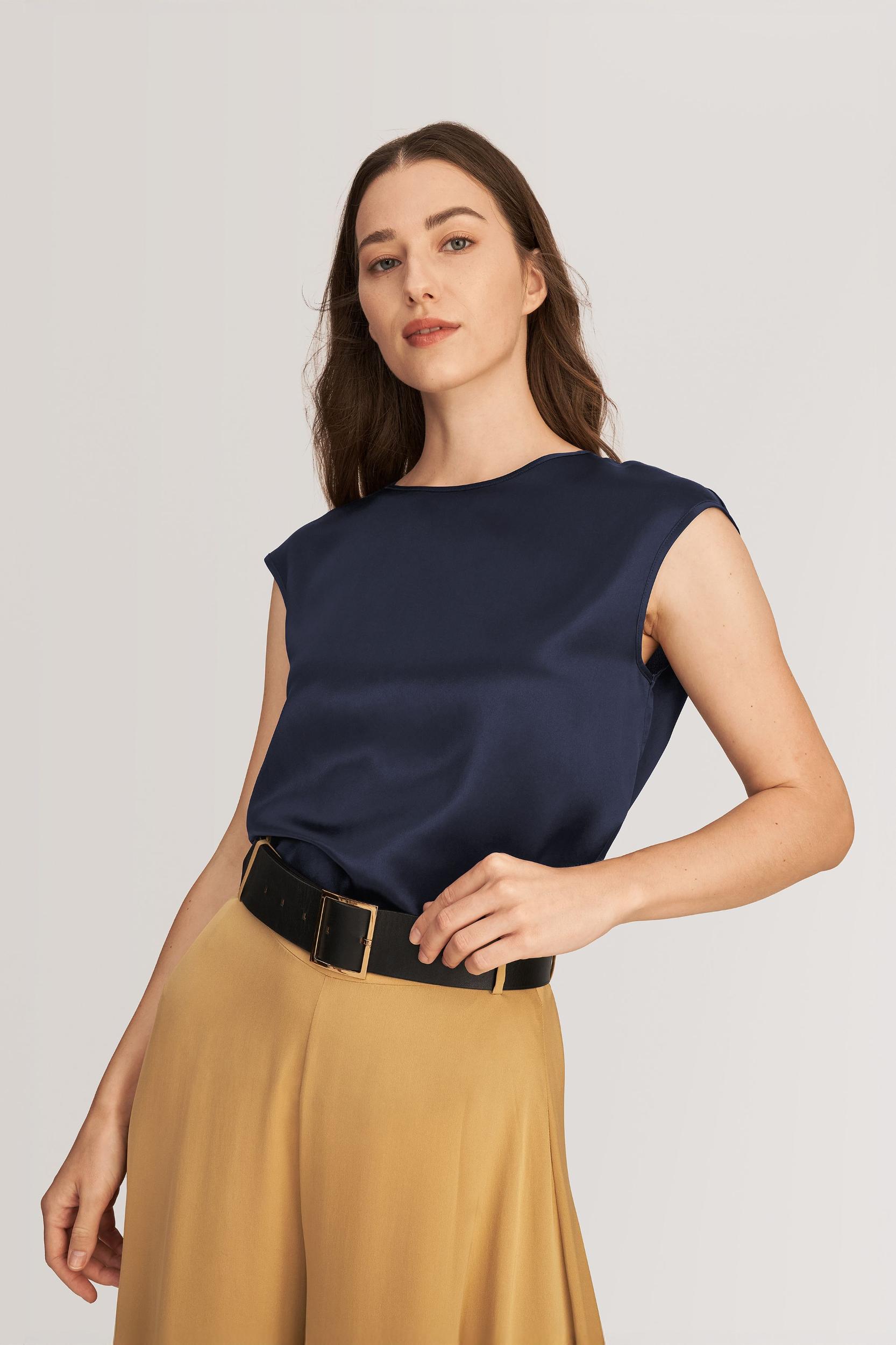 LILYSILK Silk T Shirt for Women Blue Natural Silk Smooth Basic Round Neck Free of Harmful Chemicals S Product Image