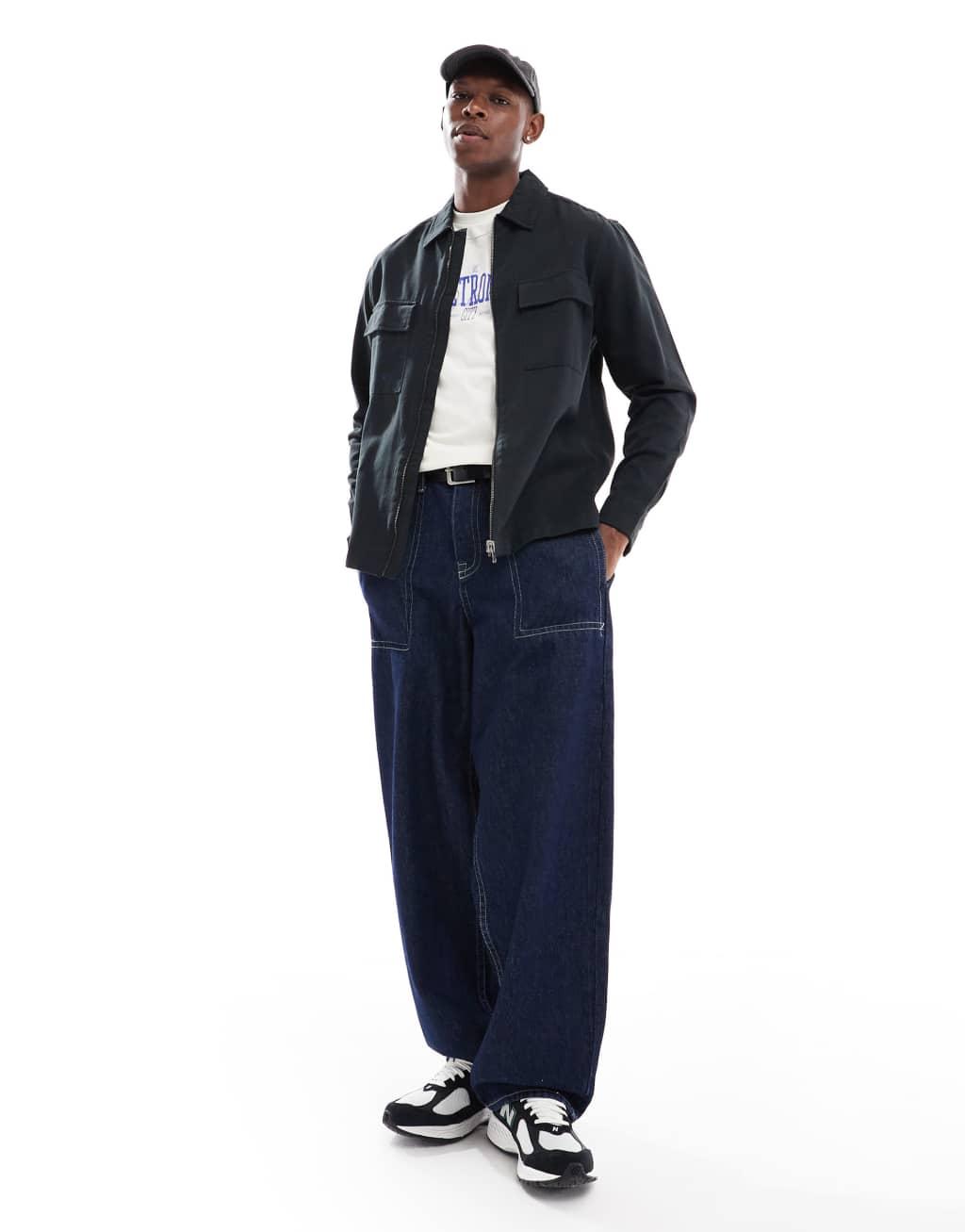 ASOS DESIGN twill zip through overshirt in washed black  Product Image