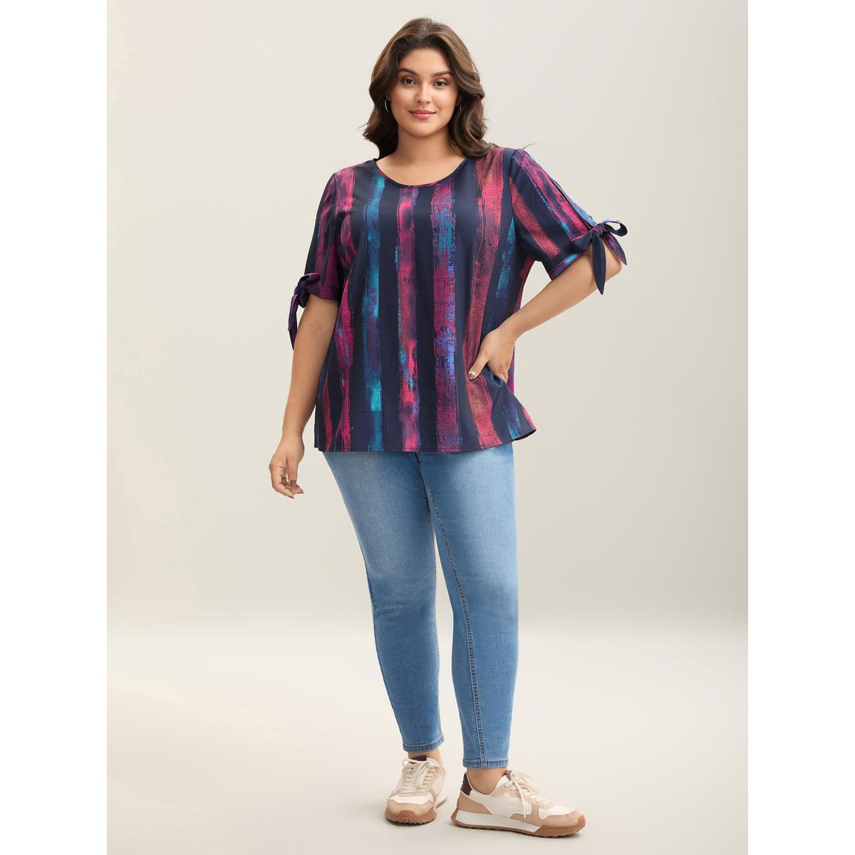 Plus Size Multicolor Irregular Stripes Sleeve Tie Blouse Women Leisure Short sleeve Round Neck Casual Blouses BloomChic 12/L Product Image